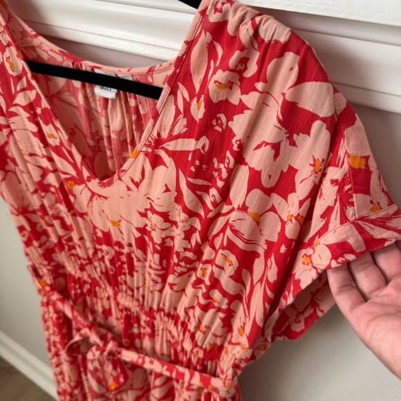GAP Tiered V-Neck Floral Belted Dress Prairie Cottage Summer Orange Poppy Red M - Picture 4 of 11